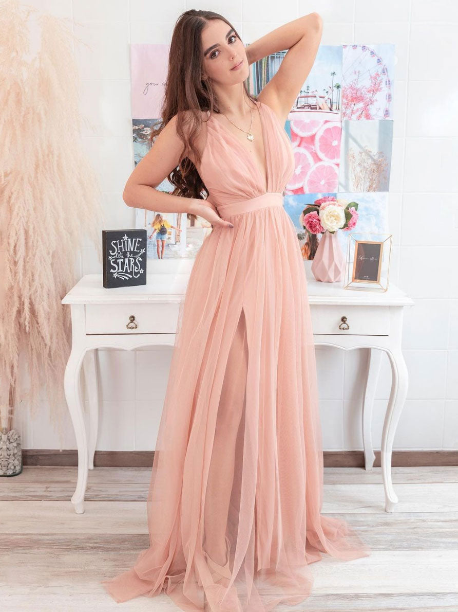 Simple Pink V-Neck Tulle Long Prom Dress Tulle Formal Dress