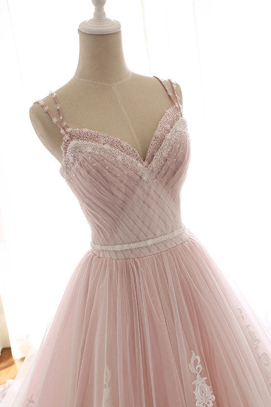 Pink Sweetheart Neck Tulle Long Prom Dress Lace Tulle Evening Gown