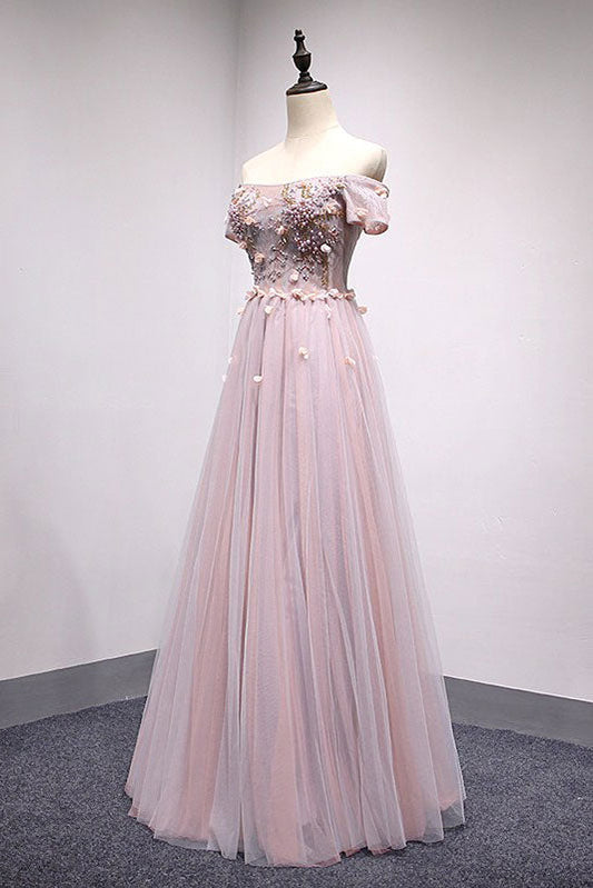 Pink Tulle Lace Long Prom Dress Pink Tulle Evening Dress