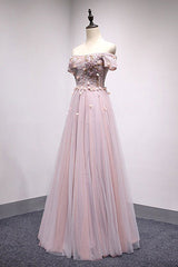 Pink Tulle Lace Long Prom Dress Pink Tulle Evening Dress