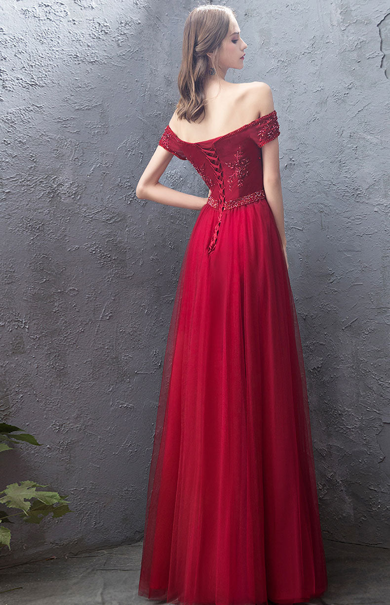 Burgundy Tulle Off-Shoulder Long Prom Dress Burgundy Evening Dress