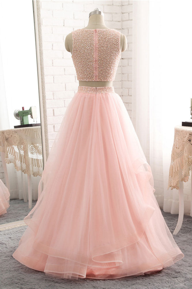 Pink Two-Piece Beaded Tulle Long Prom Dress Pink Evening Dress