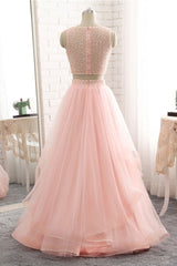 Pink Two-Piece Beaded Tulle Long Prom Dress Pink Evening Dress