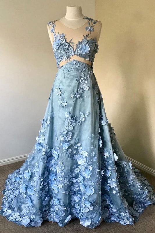 Blue Round Neck Lace Long Prom Dress Blue Lace Evening Dress