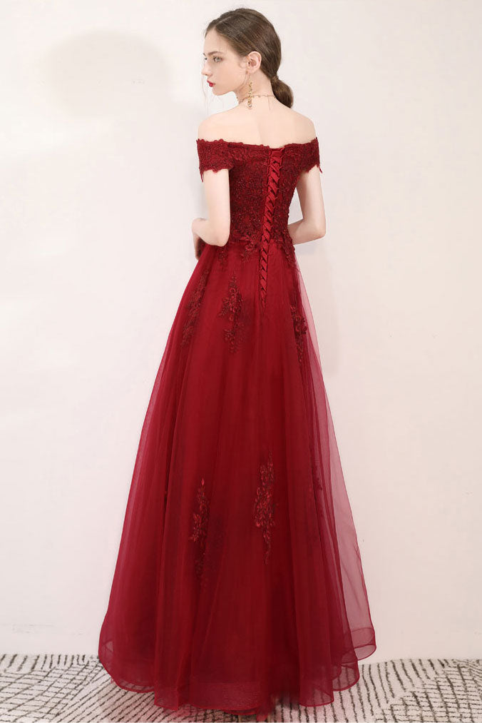 Burgundy Tulle Lace Long Prom Dress Burgundy Evening Gown