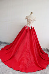 Red Satin Lace Long Prom Dress Red Evening Dress