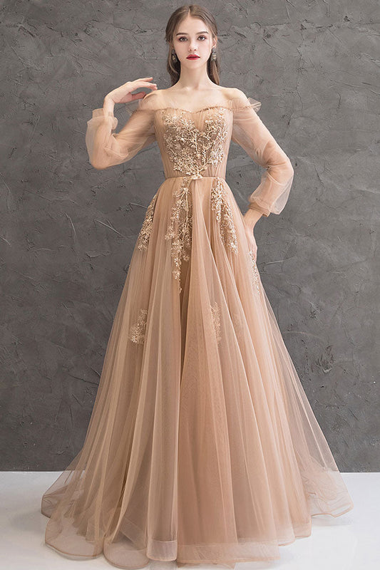 Champagne Tulle Lace Long Prom Dress Champagne Tulle Lace Evening Dress