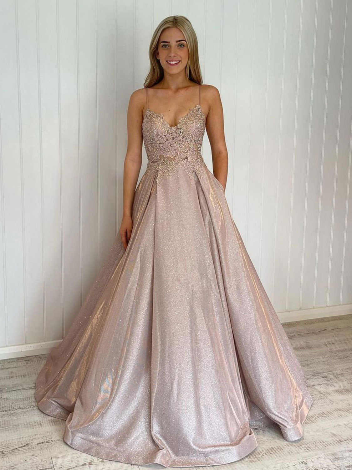 Champagne Lace A-Line Satin Long Prom Dress Evening Dress