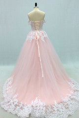 Pink Sweetheart Neck Tulle Lace Long Prom Dress Pink Tulle Evening Dress