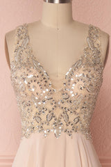 Pink V-Neck Beads Sequin Long Prom Dress Pink Evening Dress