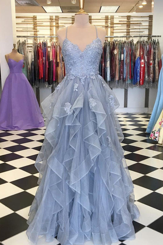 Gray Tulle Lace Long Prom Dress Gray Tulle Lace Evening Gown