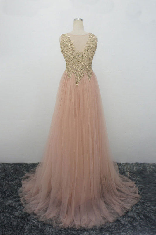 Champagne Pink Tulle Gold Lace Appliqu¨¦ Long Prom Dress Evening Dress