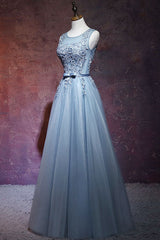 Gray Blue Tulle Lace Long Prom Dress Blue Tulle Evening Dress