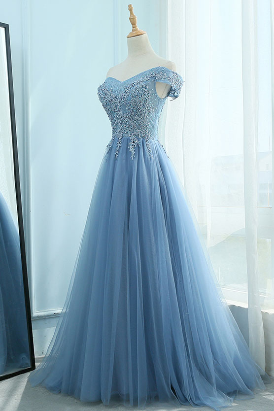 Blue Off-Shoulder Tulle Lace Long Prom Dress Blue Evening Dress