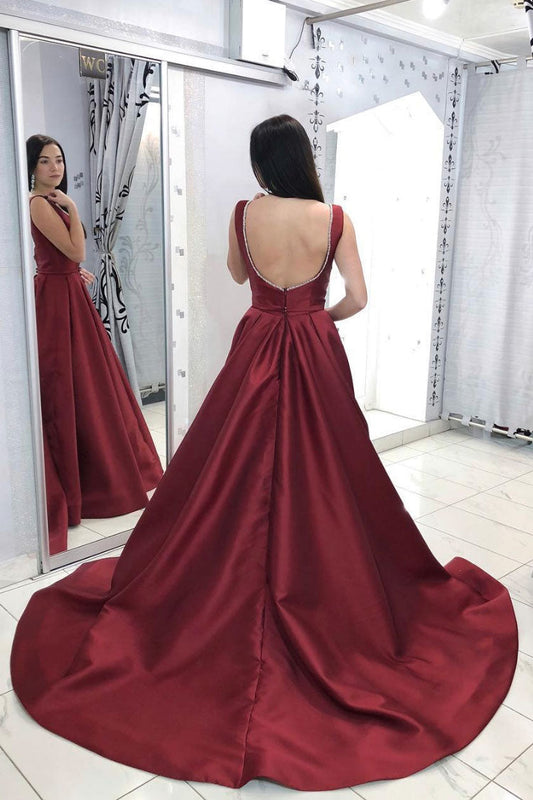 Burgundy V-Neck Satin Long Prom Dress Burgundy Satin Evening Dress