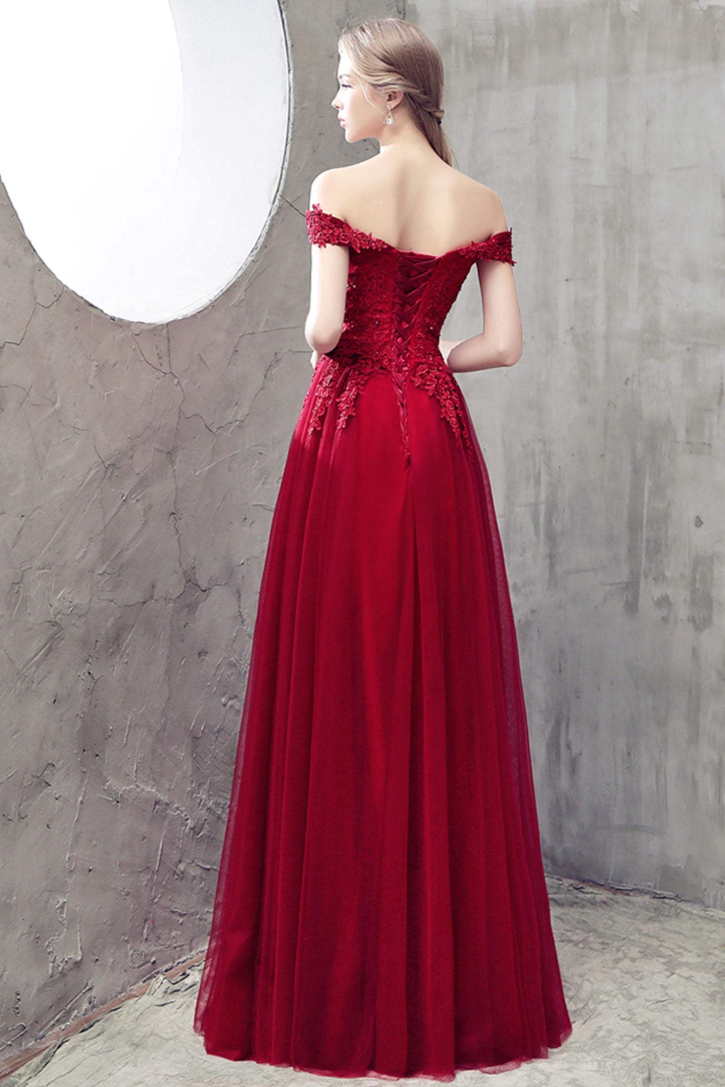 Burgundy Tulle Lace Off-Shoulder Prom Dress Burgundy Bridesmaid Dress