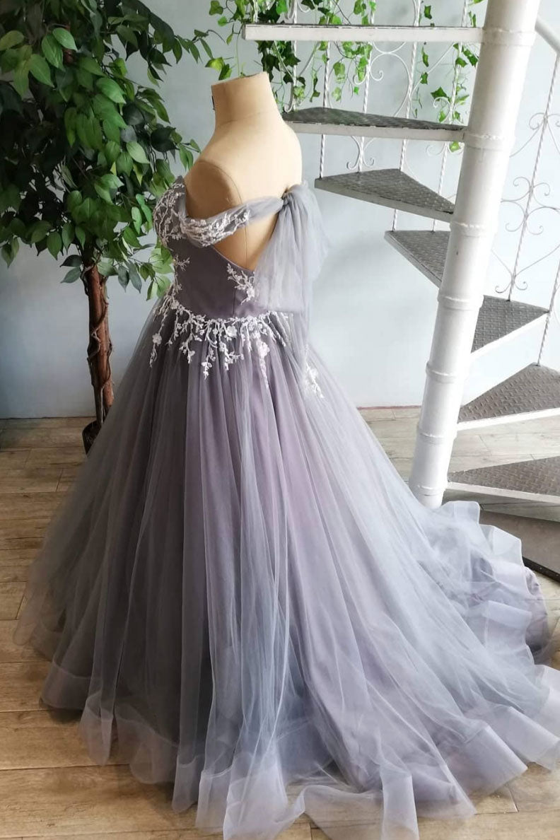 Gray Tulle Lace Long Prom Dress Gray Tulle Lace Formal Dress