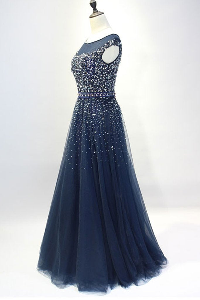 Dark Blue Round Neck Sequin Tulle Long Prom Dress Tulle Evening Dress