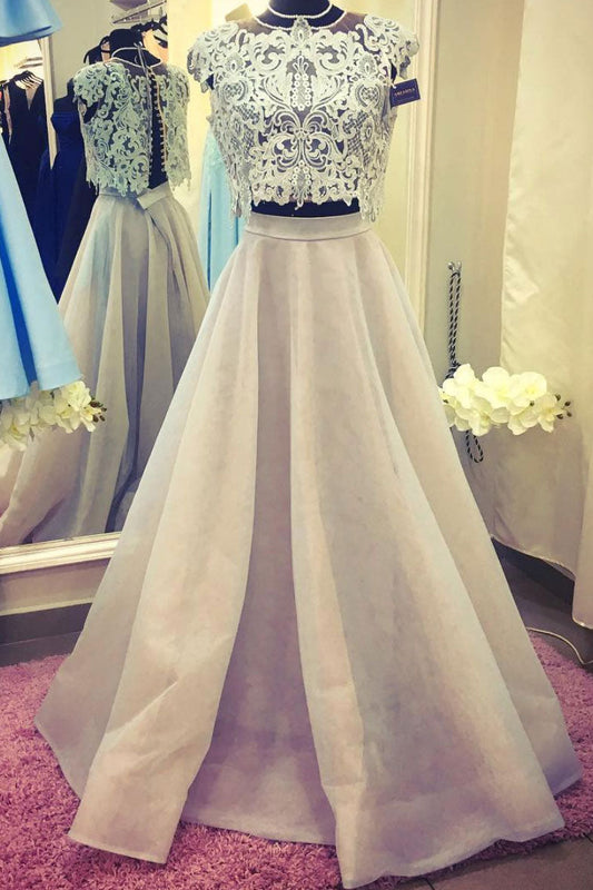 Unique Champagne Lace Two-Piece Long Prom Dress Lace Evening Dress