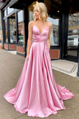 Simple V-Neck Satin Long Prom Dress Pink Long Evening Dress