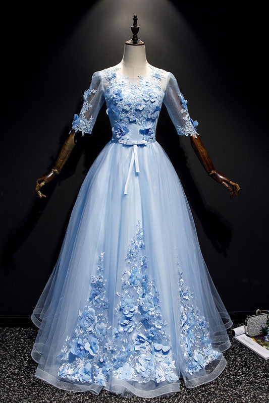 Blue Tulle Lace Long Prom Dress Blue Tulle Evening Dress