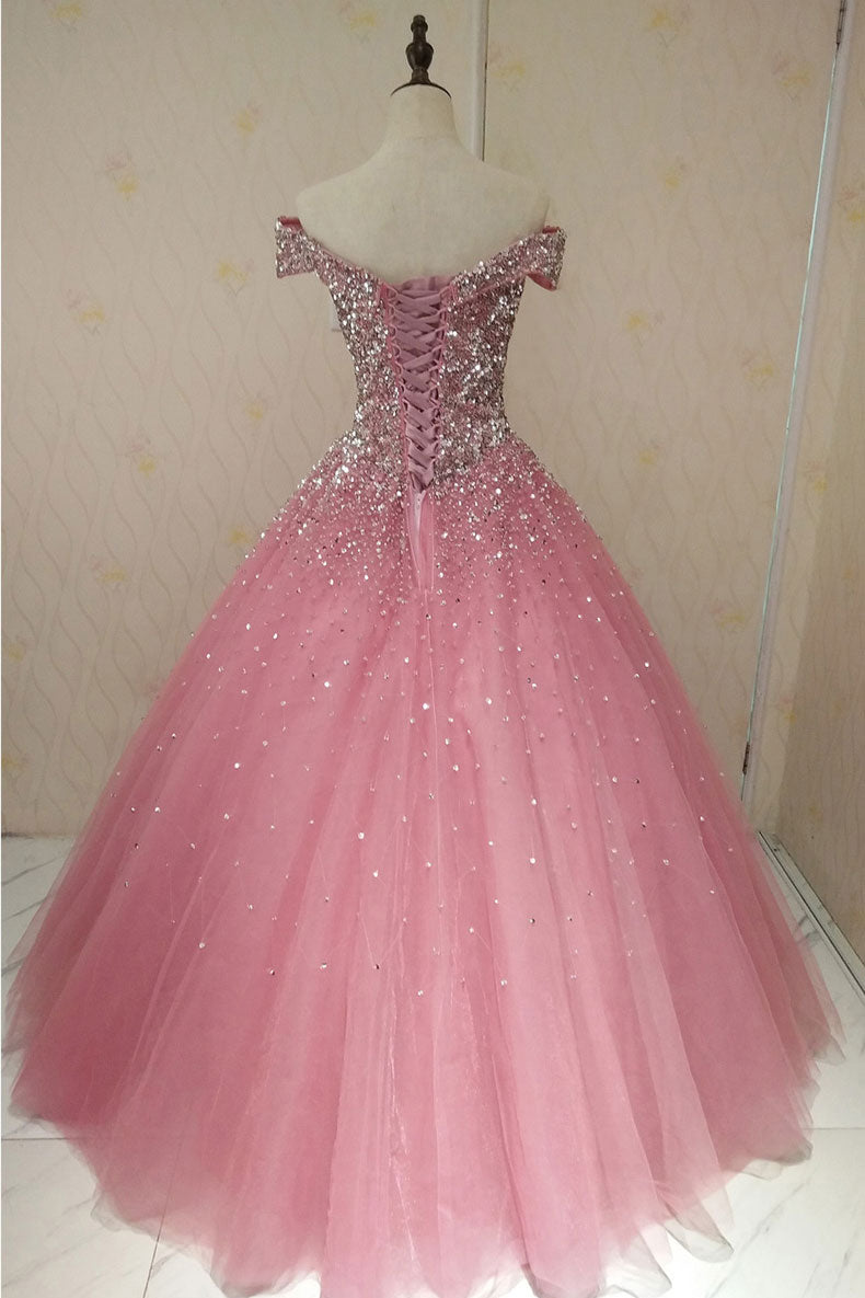 Pink Sweetheart Tulle Sequin Long Prom Dress Pink Tulle Evening Dress