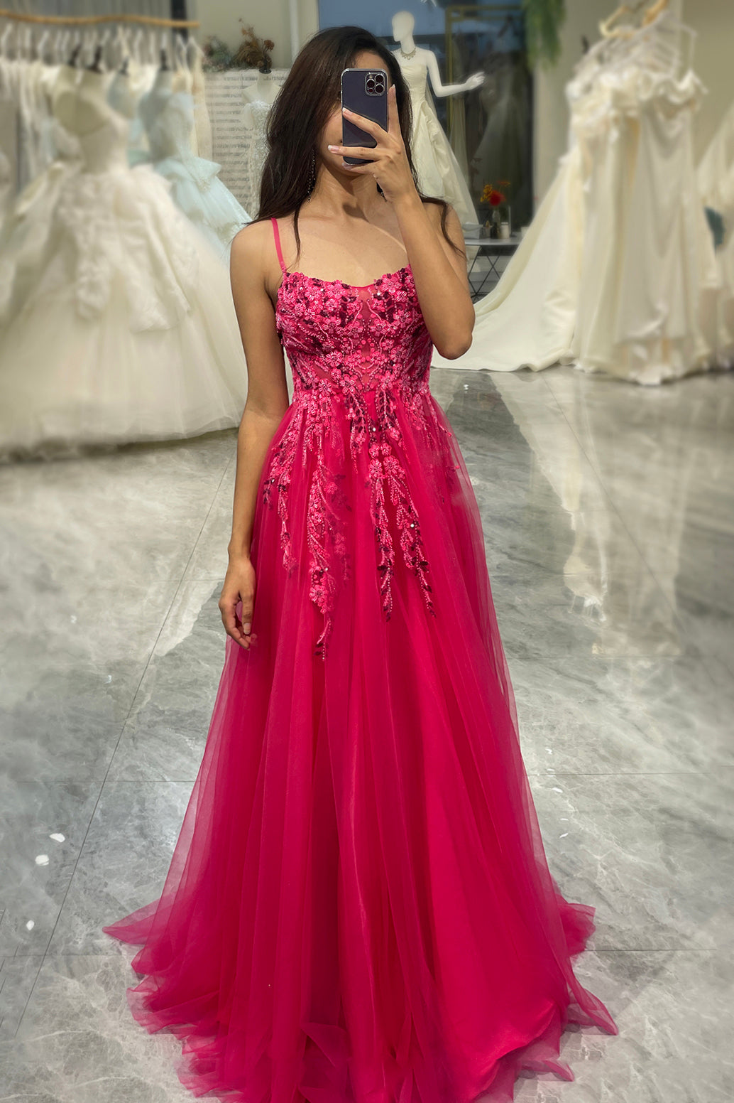 A Line Fuchsia Tulle Long Appliqued Prom Dress