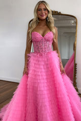 Pink Corset A-Line Sweetheart Tiered Long Prom Dress with Lace