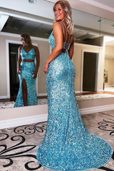 Two Piece Orange Sequins Mermaid Prom Dress with Slit