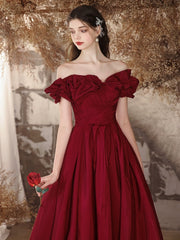 A-Line Off-Shoulder Satin Burgundy Long Prom Dress