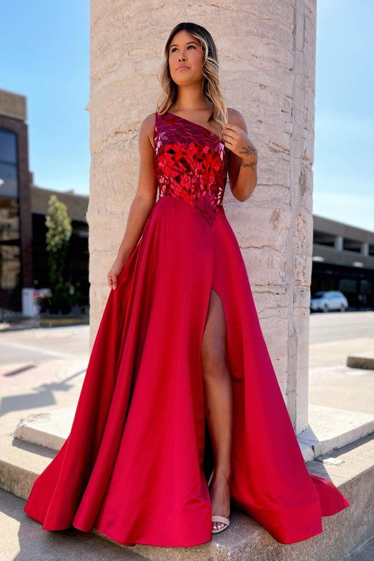 Prom Dress Magnolia A Line One Shoulder Sequin Long Elegant with Split Evening Dress