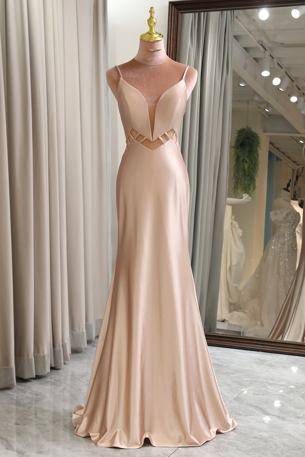 Champagne Mermaid Backless Long Prom Dress