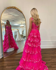 Long Lace Off-the-shoulder A-Line Tiered Elegant Prom Dress with Split Design