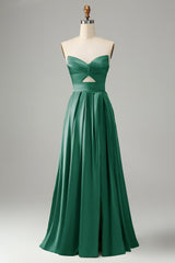 Green Keyhole A Line Sweetheart Long Prom Dress With Slit