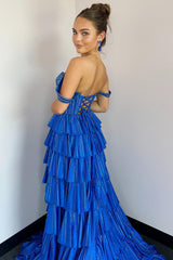 Sparkly Royal Blue Off The Shoulder Tiered Long Prom Dress with Slit