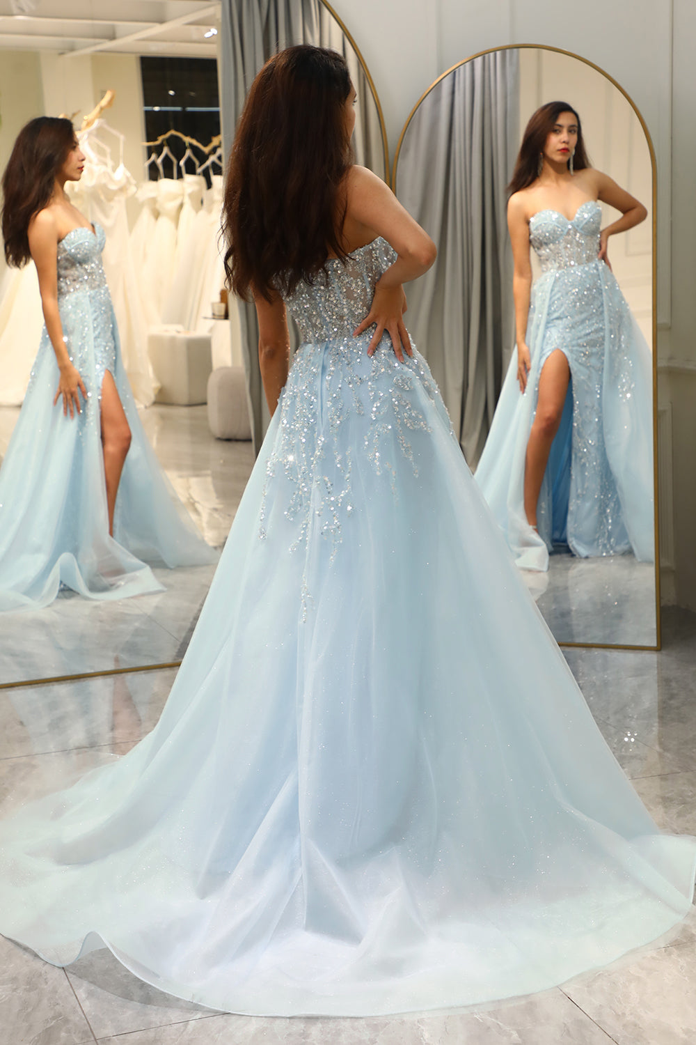 Sparkly Light Blue A Line Long Corset Prom Dress With Slit