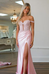 Blush Mermaid Off the Shoulder Corset Prom Dress with Appliques