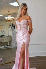 Blush Mermaid Off the Shoulder Corset Prom Dress with Appliques