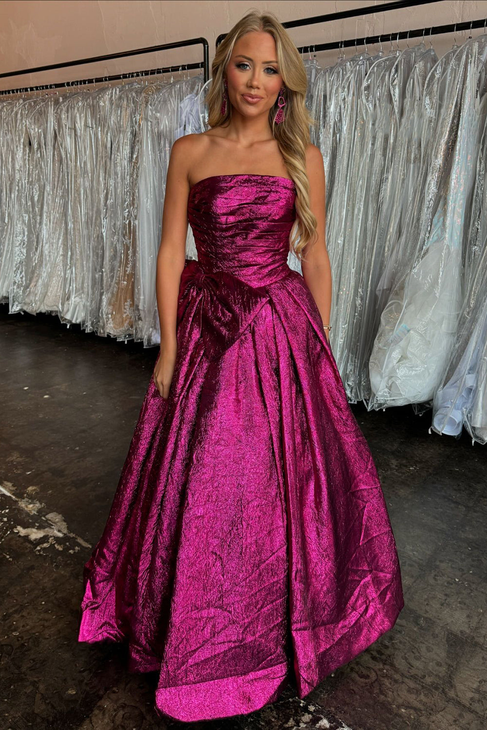 Fuchsia A Line Strapless Metallic Long Prom Dress with Bow