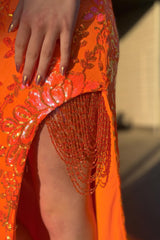 Sparkly Orange Mermaid Off the Shoulder Corset Prom Dress with Slit