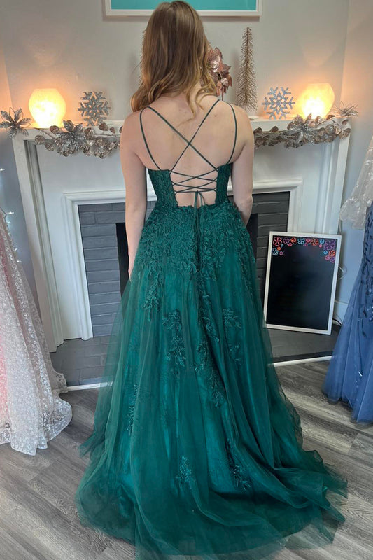 A-Line Dark Green Spaghetti Straps Tulle Long Prom Dress with Appliques