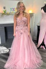 A-Line Pink One Shoulder Corset Tulle Long Prom Dress with Sequins