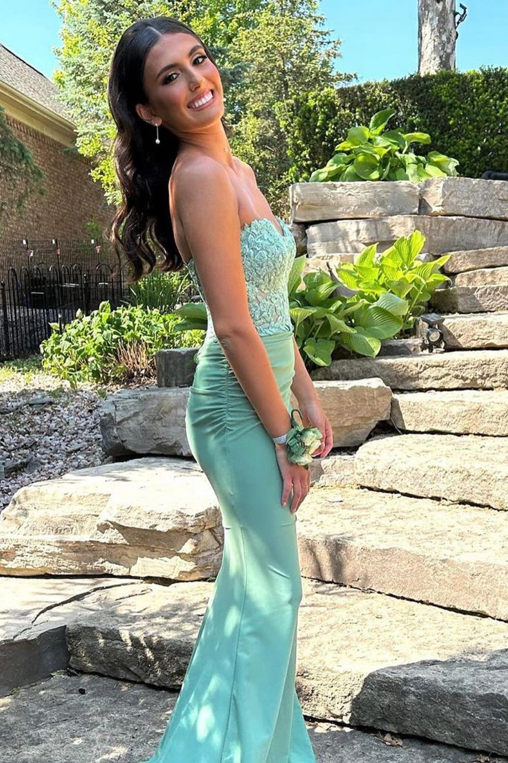 Sweetheart Mint Mermaid Long Corset Prom Dress with Appliques