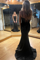 Black Spaghetti Straps Mermaid Long Corset Prom Dress with Beadings