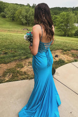 Turquoise Spaghetti Straps Mermaid Long Corset Prom Dress with Slit