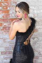 Sparkly Black One Shoulder Mermaid Long Prom Dress with Feather