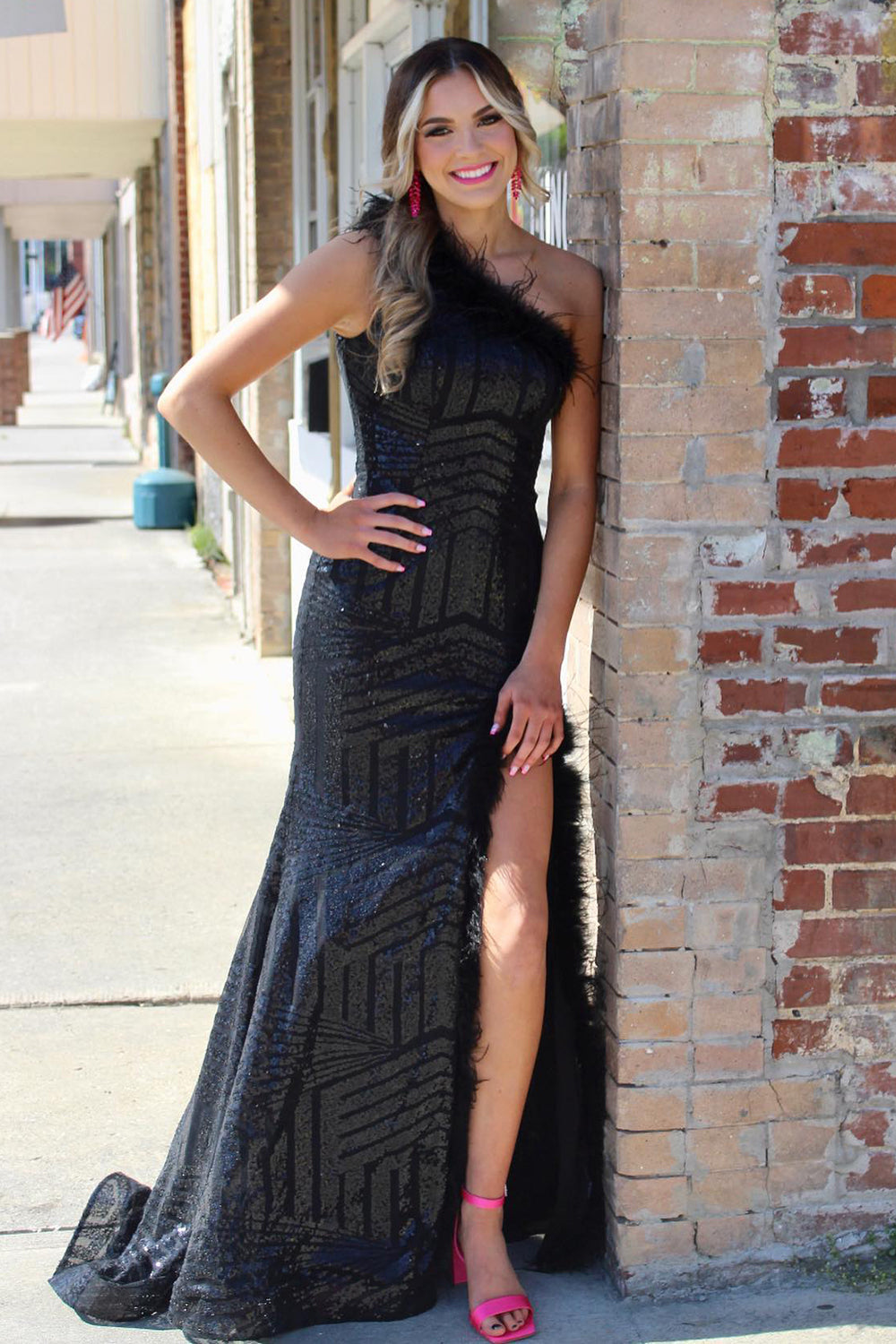 Sparkly Black One Shoulder Mermaid Long Prom Dress with Feather