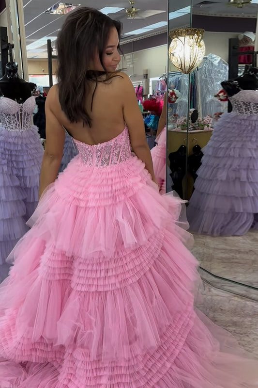 A-Line Pink Halter Neck Corset Tulle Long Prom Dress with Appliques