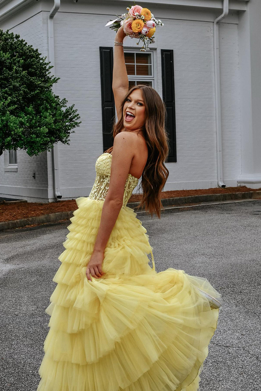 A Line Yellow Strapless Corset Tiered Tulle Prom Dress with Appliques