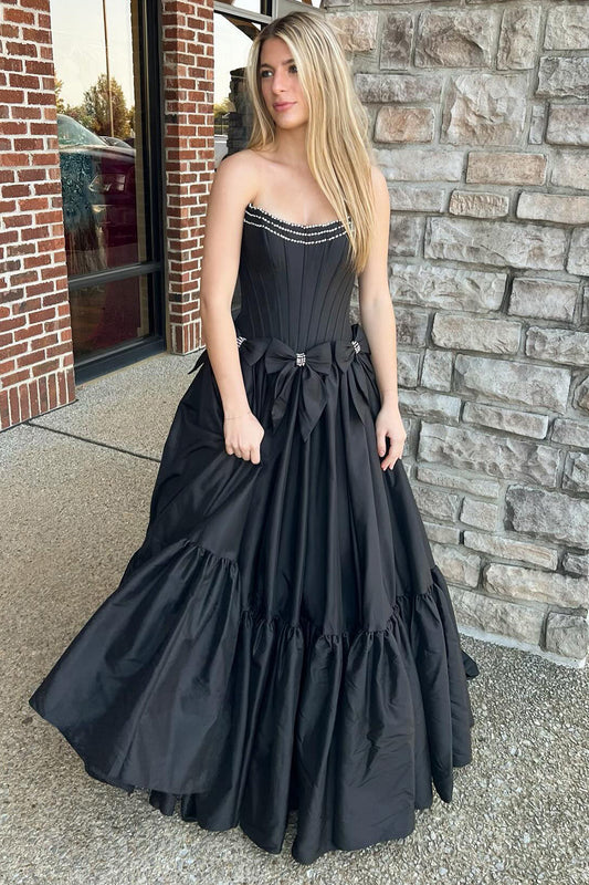 Sparkly A Line Black Strapless Corset Long Pleated Prom Dress with Bow